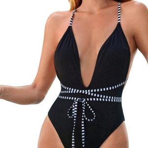 BEAUDRM Women's Crisscross Tie One Piece Swimsuit Deep V Neck Backless Bathing Suits Swimwear Beachwear Black Small