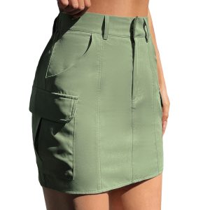 BEAUDRM Women's Casual High Waist Button Front Cargo Skirt Zipper Mini Skinny Skirt Green Small