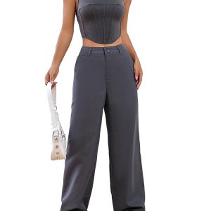 BEAUDRM Women's 2 Piece Solid Sleeveless Square Neck Crop Tank Top and Wide Leg Pants Sets Grey Small