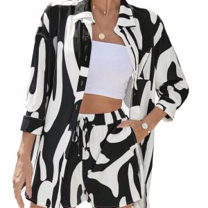 BEAUDRM Women's 2 Piece Graphic Print 3/4 Sleeve Button Front Drop Shoulder Blouse Shirt and Drawstring Short Sets Black and White Small