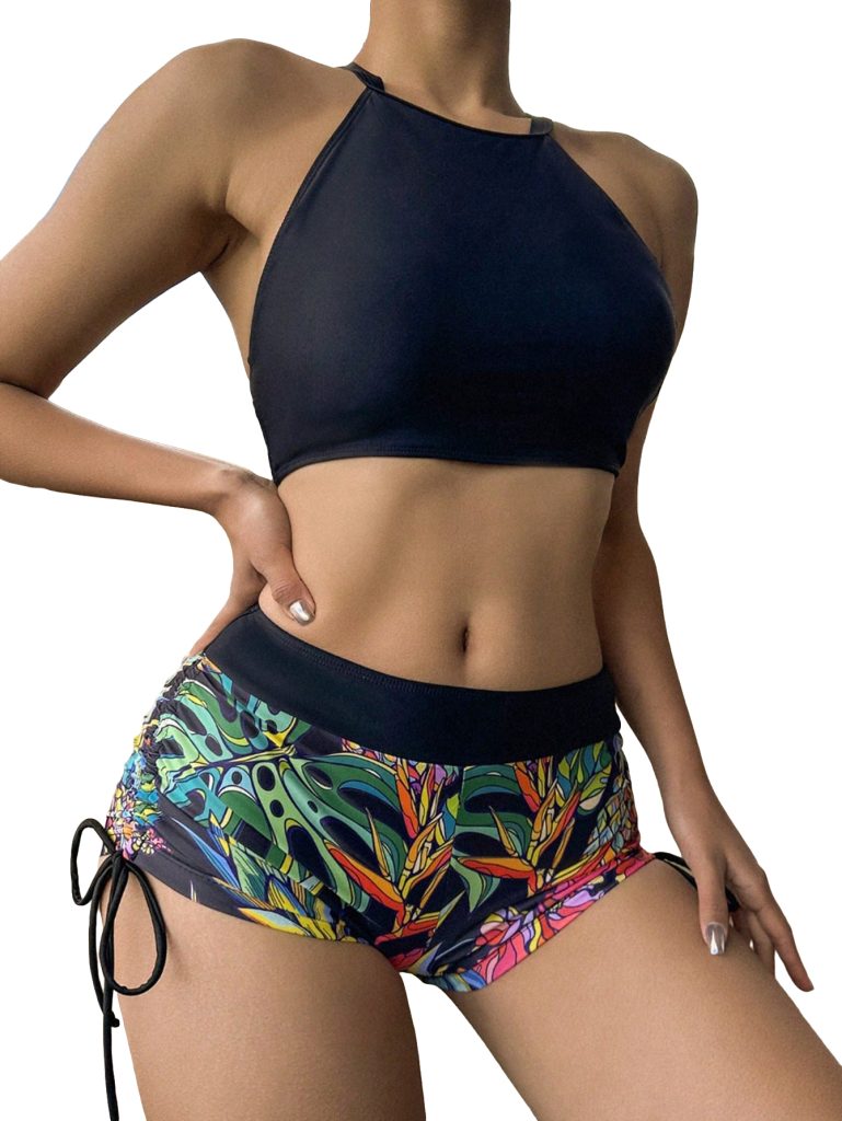 BEAUDRM Women's 2 Piece Tropical Print Drawstring Side Bikini Set Halter Neck Bikini Swimsuit Bathing Suit Beachwear Black Small